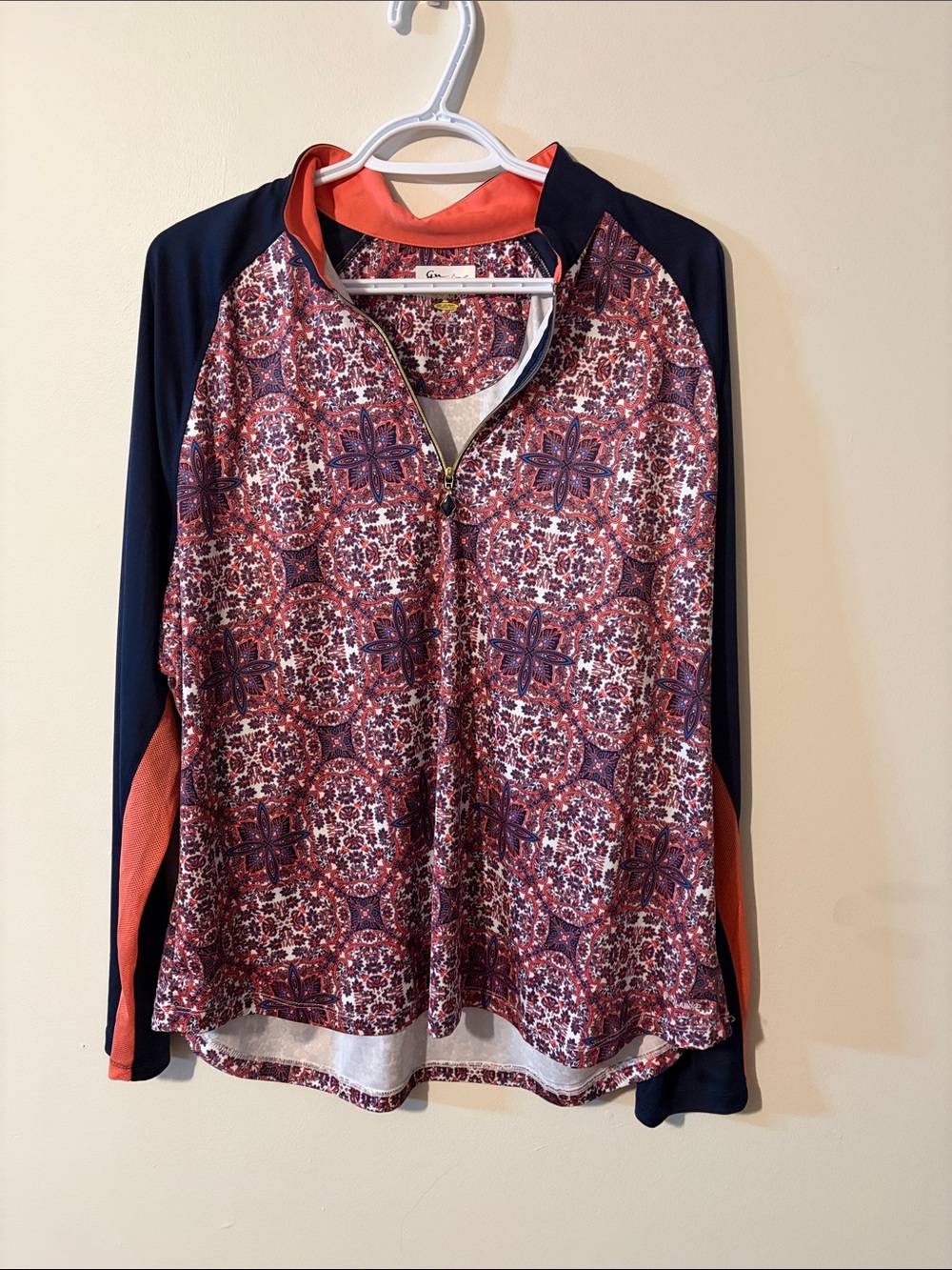 Half-Zip Patterned Long-Sleeve Top in Red and Navy